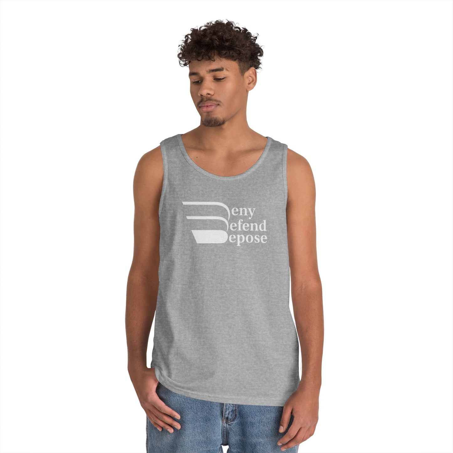 Deny Defend Depose White on Unisex Heavy Cotton Tank Top