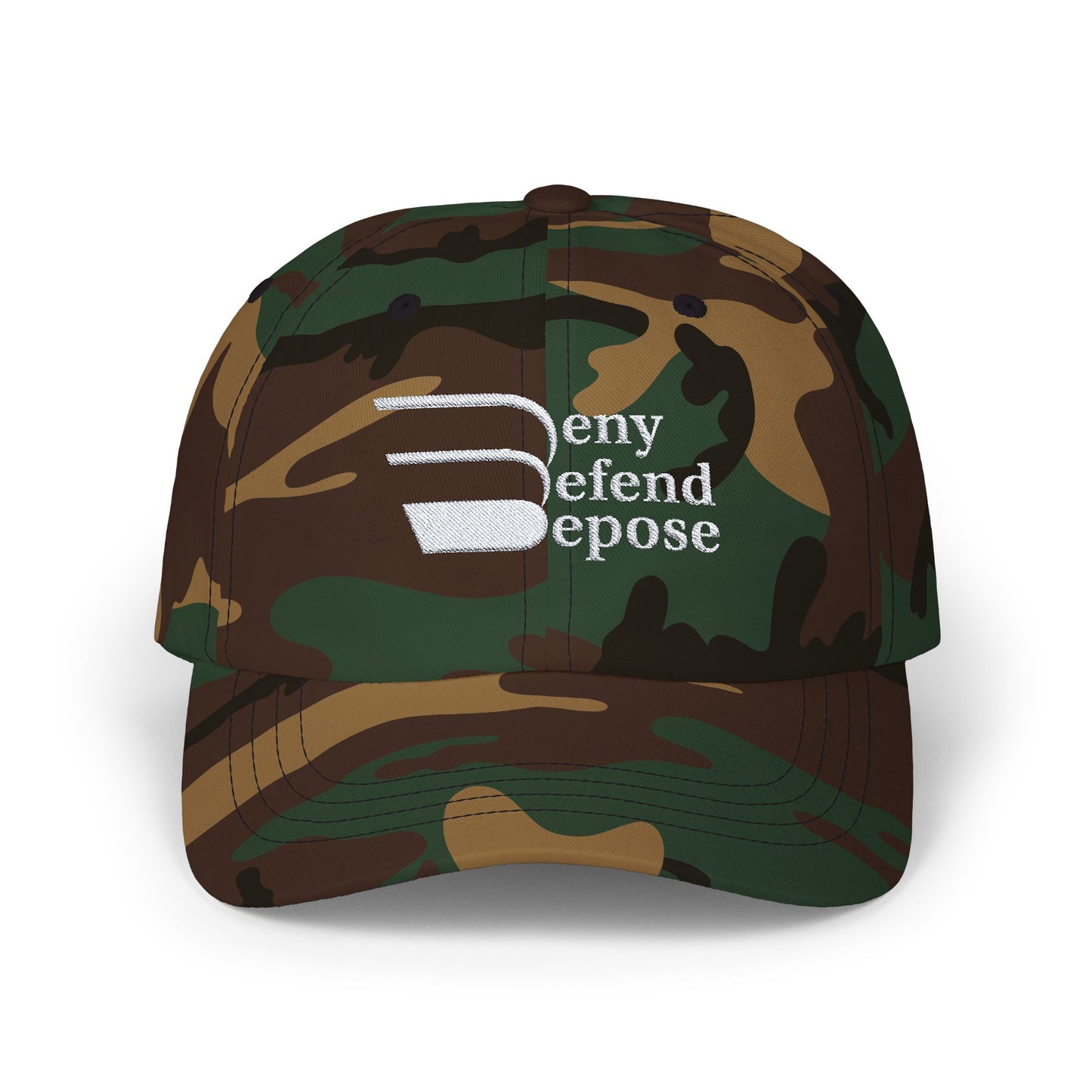 Deny Defend Depose White on Cap