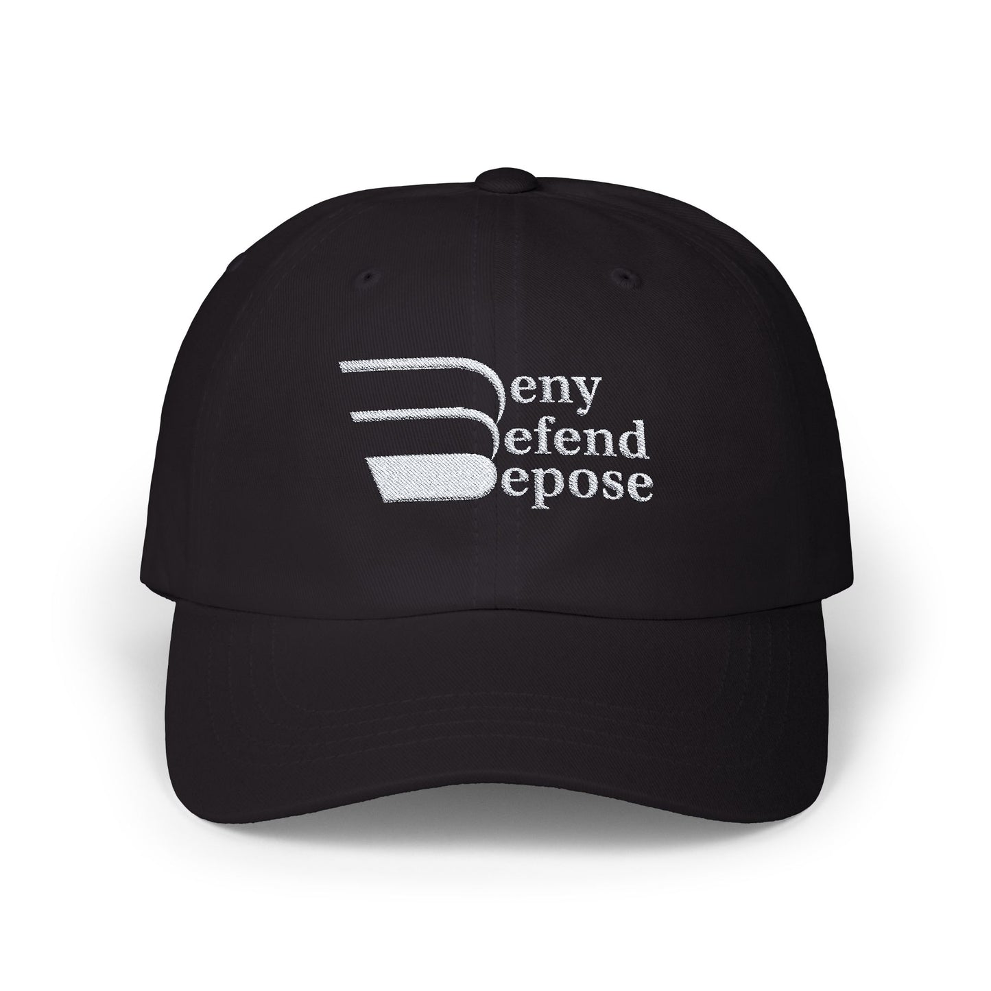 Deny Defend Depose White on Cap