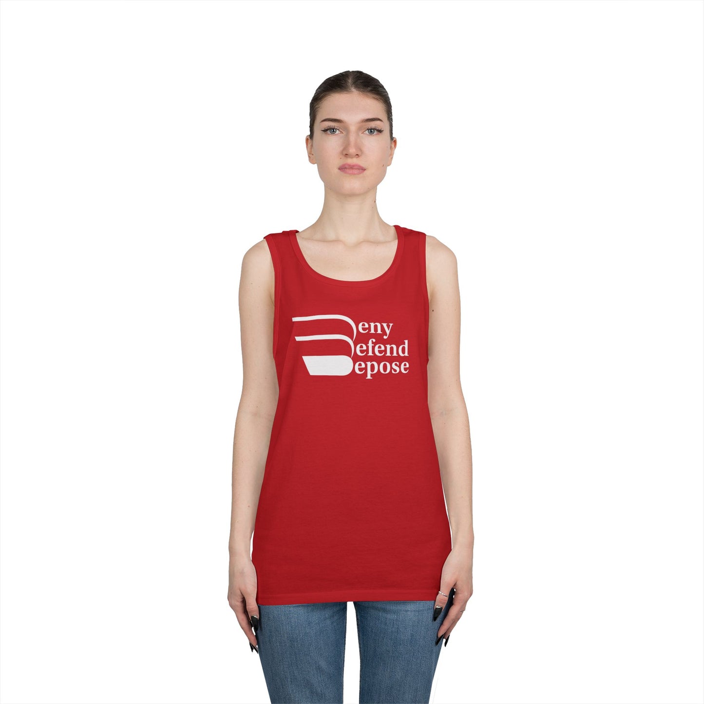 Deny Defend Depose White on Unisex Heavy Cotton Tank Top