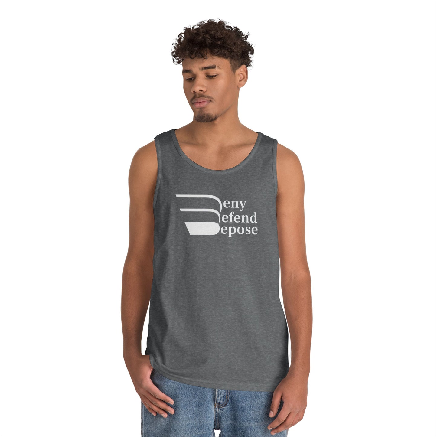 Deny Defend Depose White on Unisex Heavy Cotton Tank Top