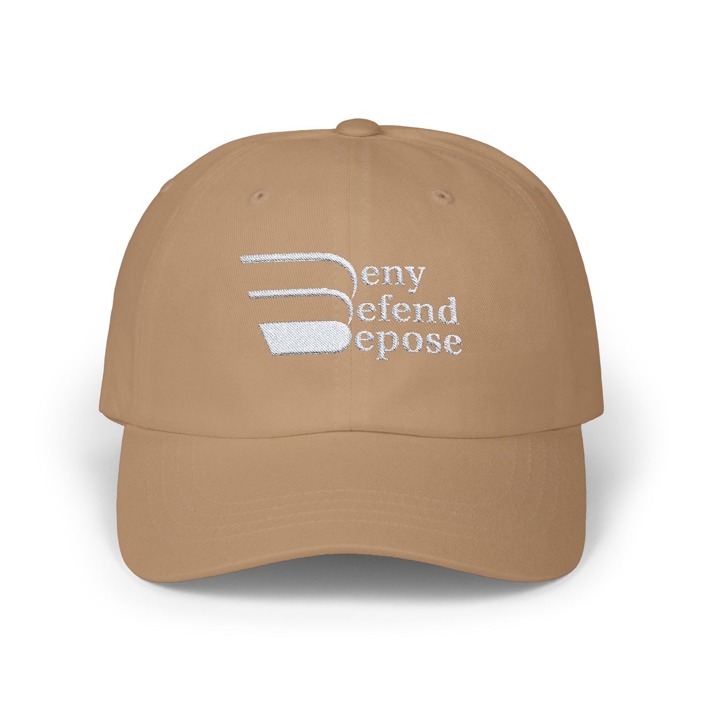 Deny Defend Depose White on Cap