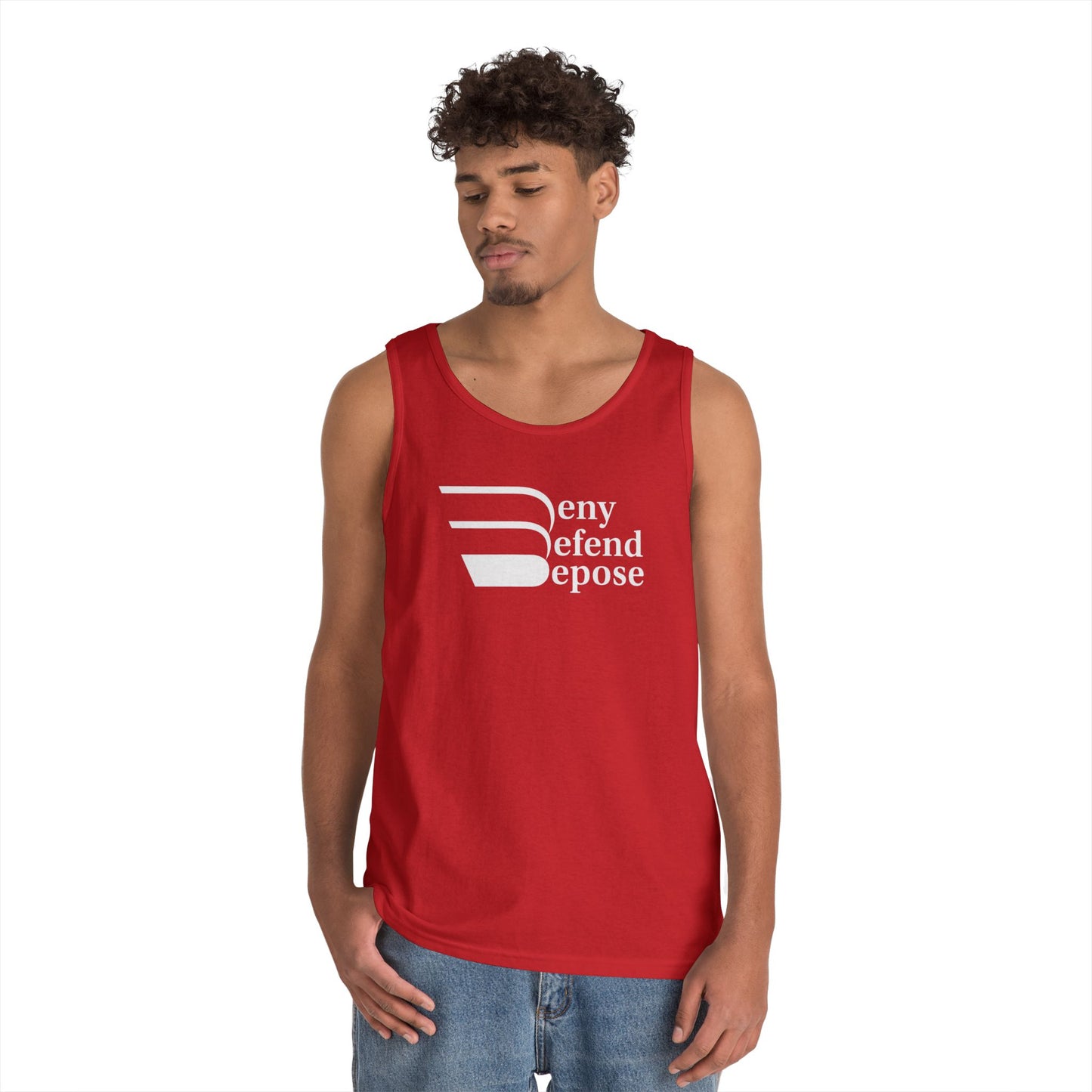 Deny Defend Depose White on Unisex Heavy Cotton Tank Top